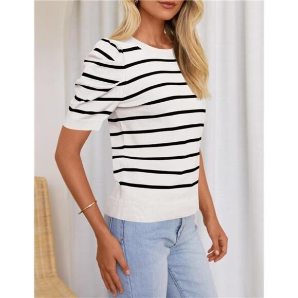 Women's Trendy Summer Tops Lightweight Striped Puff Short Sleeve Crew Neck - Picture 4 of 6